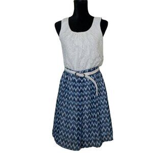 Sleeveless Lace Top Belted Blue White Ikat Dress